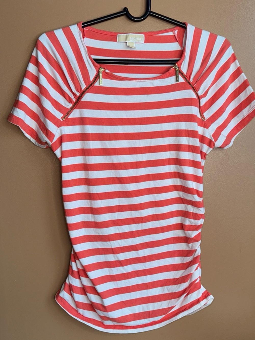 Michael Kors Coral and White Striped Short-Sleeve Top with Gold Zipper Detail